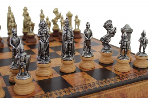 MARY STUART SET: Metal/Wood Chess Pieces with Leatherette Chessboard