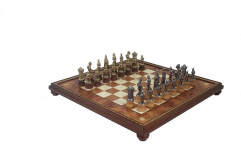 MARY STUART SET: Metal & Wood Chess Pieces with Unique Elm Briar Chessboard