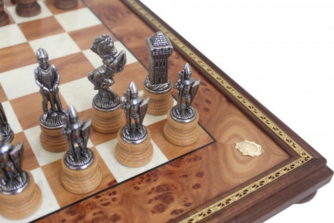 MARY STUART SET: Metal & Wood Chess Pieces with Unique Elm Briar Chessboard