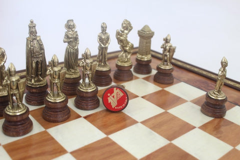 MARY STUART SET: Metal & Wood Chess Pieces with Unique Elm Briar Chessboard