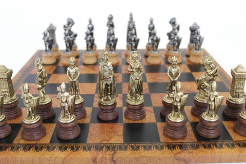 MARY STUART SET: Metal/Wood Chess with Leatherette Chessboard in Globe Finish