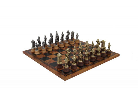 MARY STUART SET: Metal/Wood Chess with Leatherette Chessboard in Globe Finish