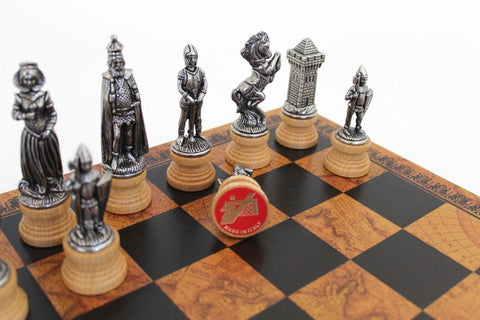 MARY STUART SET: Metal/Wood Chess with Leatherette Chessboard in Globe Finish