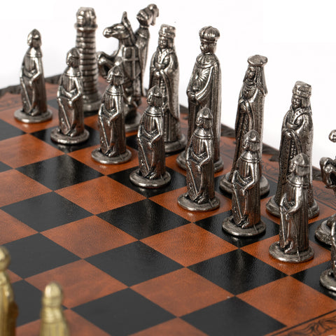 Medieval Style Metal Chess Set With Beautiful Leatherlike Box