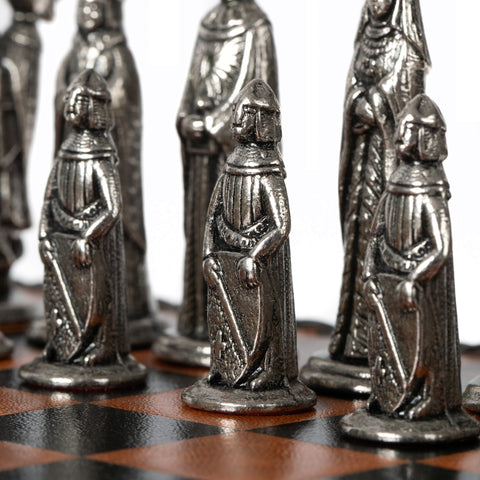 Medieval Style Metal Chess Set With Beautiful Leatherlike Box