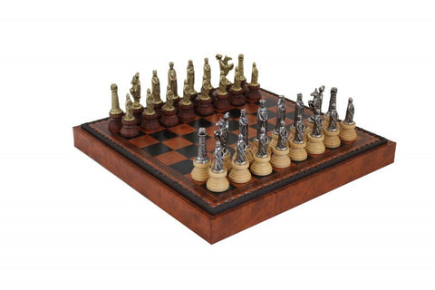 MEDIEVAL STYLE Metal & Wood Chess Set with Leatherette Chessboard & Box