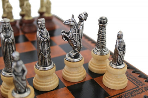 MEDIEVAL STYLE Metal & Wood Chess Set with Leatherette Chessboard & Box