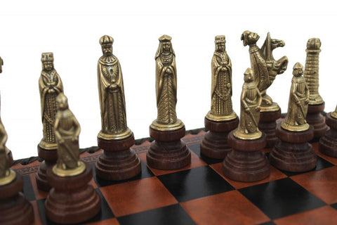 MEDIEVAL STYLE Metal & Wood Chess Set with Leatherette Chessboard & Box