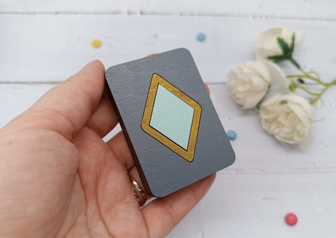 Wooden Needle Case with Turquoise Diamond Pattern, 5 x 7 cm Plywood Sewing Notions Holder by Kind Fox by Wizardi