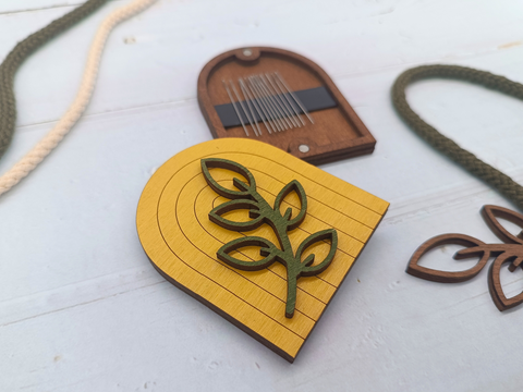Wooden Needle Case with Boho Yellow Decor, 3mm Plywood, 6 x 7 cm, Sewing Accessory Holder, Kind Fox by Wizardi
