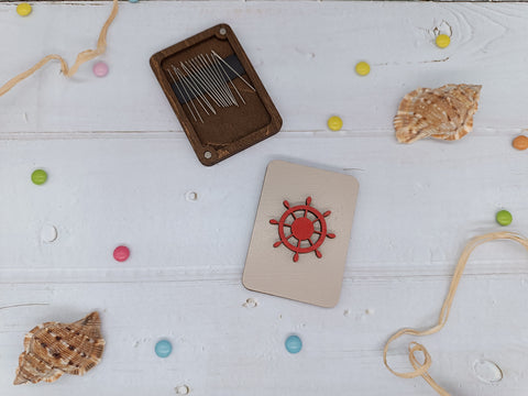 Wooden Steering Wheel Needle Case for Sewing Needles, 5 x 7 cm, 3 mm Plywood, Kind Fox by Wizardi