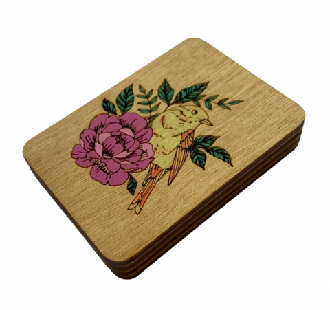 Hand-Painted Wooden Needle Case with Bird Motif, 5 x 7 cm Sewing Accessory, Kind Fox by Wizardi, Plywood, Handmade