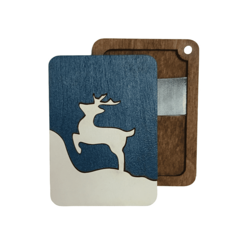 Wooden Needle Case with Winter Deer Motif, Kind Fox by Wizardi, 5 x 7 cm, 3 mm Plywood Sewing Accessory