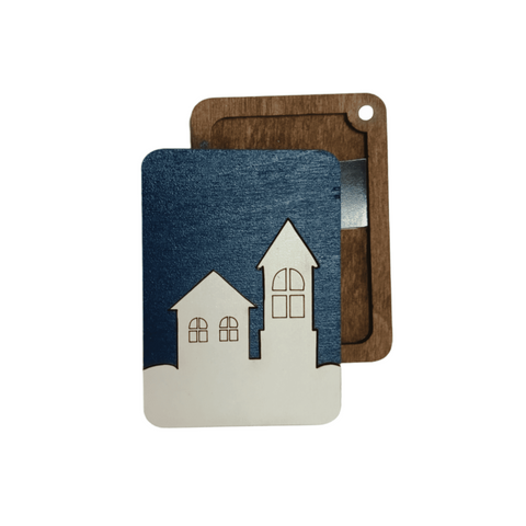 Wooden Needle Case with Winter Houses Motif, Kind Fox by Wizardi, 5 x 7 cm, 3 mm Plywood
