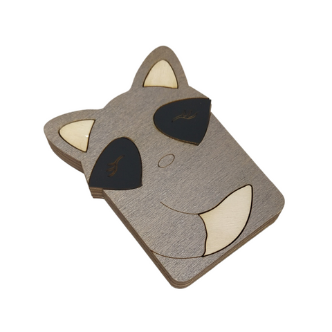 Wooden Sewing Needle Case with Raccoon Motif, 6 x 8 cm Plywood Organizer, Kind Fox by Wizardi