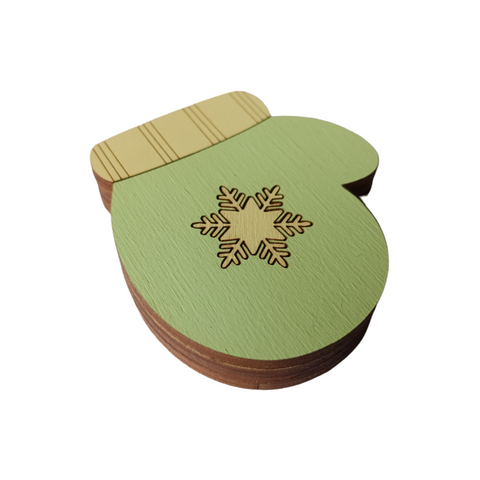 Wooden Needle Case with Green Mitten Illustration, 6 x 6.5 cm, 3 mm Plywood, Kind Fox by Wizardi