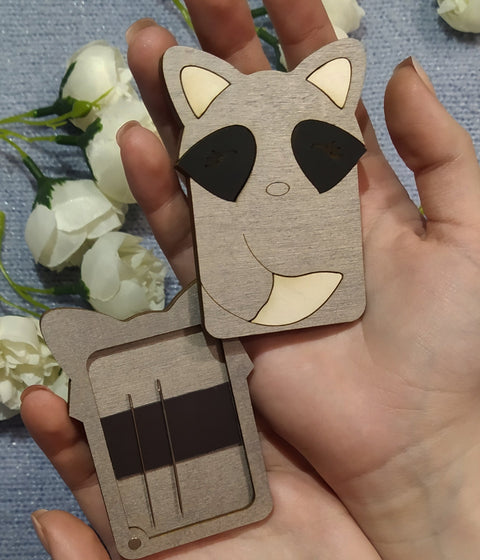 Wooden Sewing Needle Case with Raccoon Motif, 6 x 8 cm Plywood Organizer, Kind Fox by Wizardi