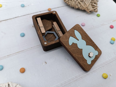Small Wooden Trinket Box with Rabbit Motif, Natural Plywood, 5 x 7 x 2.5 cm, Kind Fox by Wizardi