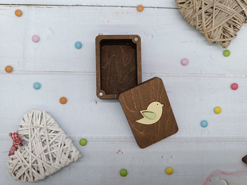 Small Wooden Jewelry Box, Natural Plywood, Kind Fox by Wizardi, 5 × 7 × 2.5 cm, Keepsake Storage Box