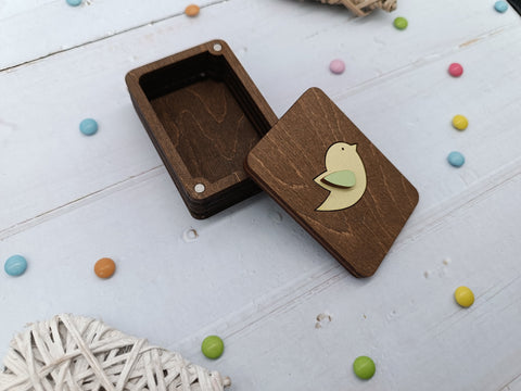 Small Wooden Jewelry Box, Natural Plywood, Kind Fox by Wizardi, 5 × 7 × 2.5 cm, Keepsake Storage Box