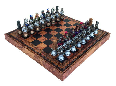 MEDIOVAL SET: Handpainted Chess with Leatherette Chessboard & Box + Checker Set