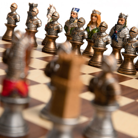 MEDIOVAL SET: Handpainted Chess with Walnut Chessboard & Box finished in Leather