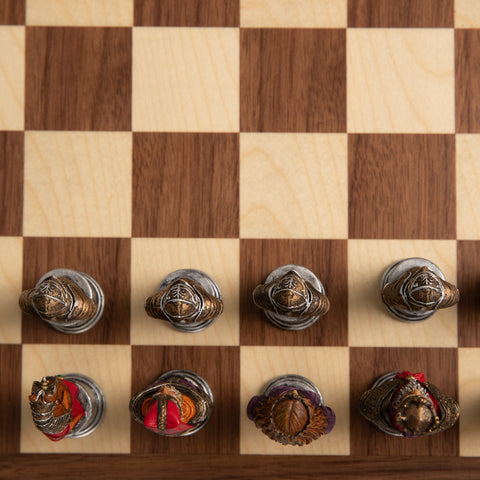 MEDIOVAL SET: Handpainted Chess with Walnut Chessboard & Box finished in Leather