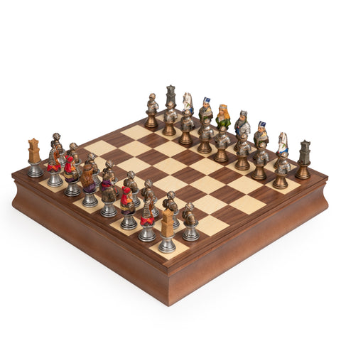 MEDIOVAL SET: Handpainted Chess with Walnut Chessboard & Box finished in Leather