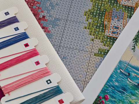 Mediterranean Landscape Cross Stitch Kit, AVA Stitch, Zweigart Aida 16 ct, 60 Colors, 28.6 x 28.6 cm, 180 x 180 Stitches