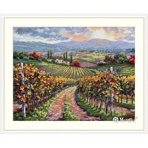 Cross Stitch Kit Vineyard Hill with DMC Threads, Aida 16 Ecru Fabric, 30 × 40 cm, Merejka