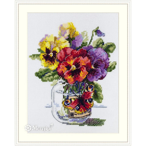 Cross Stitch Kit with Pansies and Butterfly Merejka