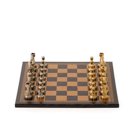 Metal Chess Pieces Set + Gold/Black Leatherette Chessboard