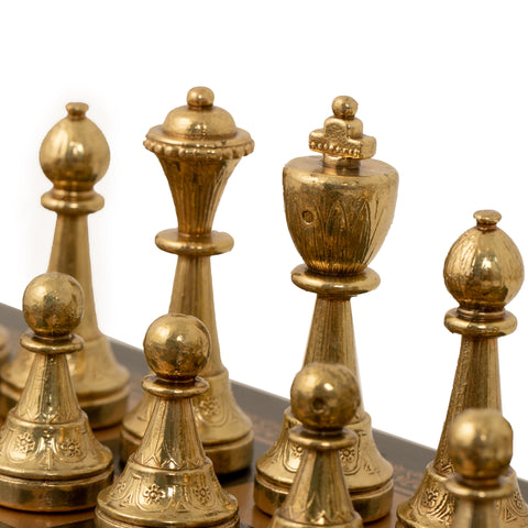 Metal Chess Pieces Set + Gold/Black Leatherette Chessboard