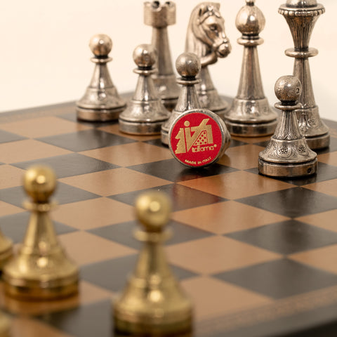 Metal Chess Pieces Set + Gold/Black Leatherette Chessboard