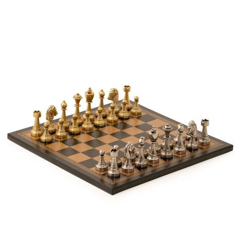 Metal Chess Pieces Set + Gold/Black Leatherette Chessboard