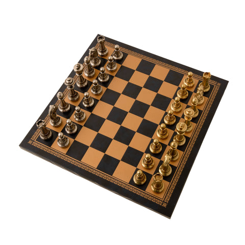 Metal Chess Pieces Set + Gold/Black Leatherette Chessboard