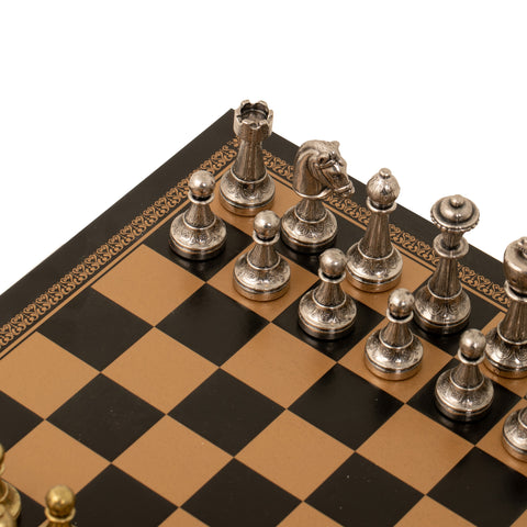 Metal Chess Pieces Set + Gold/Black Leatherette Chessboard