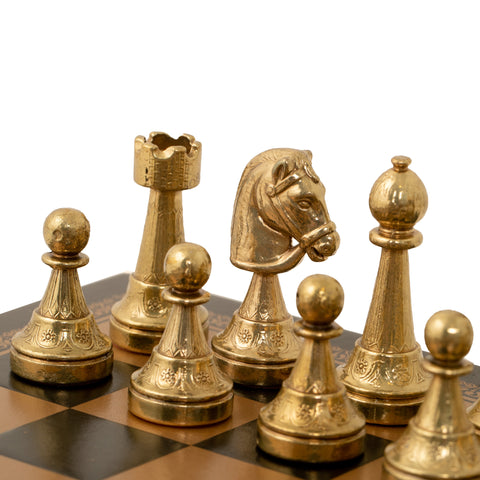 Metal Chess Pieces Set + Gold/Black Leatherette Chessboard