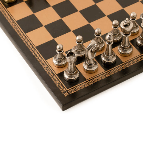 Metal Chess Pieces Set + Gold/Black Leatherette Chessboard