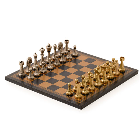 Metal Chess Pieces Set + Gold/Black Leatherette Chessboard