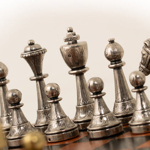 Metal Chess Pieces Set with Brown & Black Leatherette Chessboard