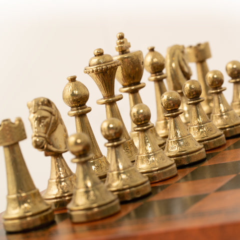 Metal Chess Pieces Set with Brown & Black Leatherette Chessboard