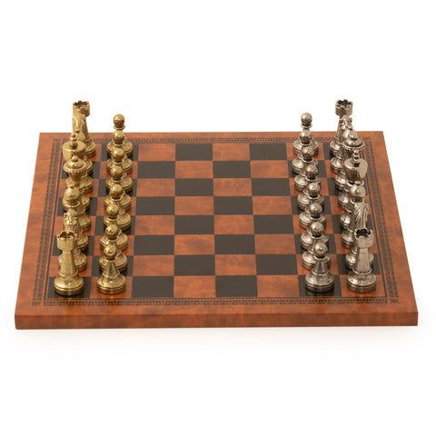 Metal Chess Pieces Set with Brown & Black Leatherette Chessboard