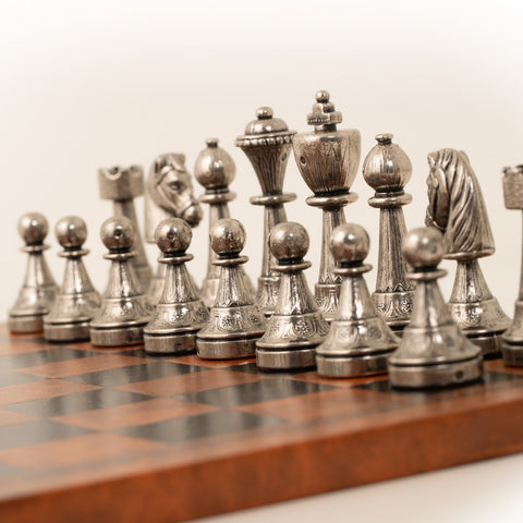 Metal Chess Pieces Set with Brown & Black Leatherette Chessboard