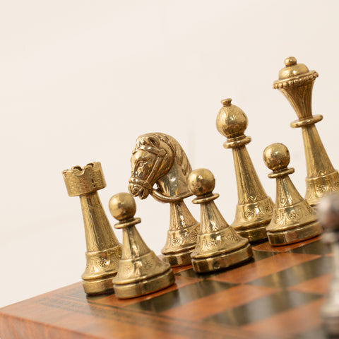 Metal Chess Pieces Set with Brown & Black Leatherette Chessboard