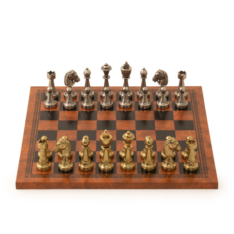 Metal Chess Pieces Set with Brown & Black Leatherette Chessboard