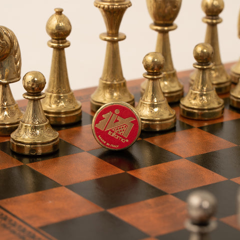 Metal Chess Pieces Set with Brown & Black Leatherette Chessboard