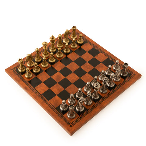 Metal Chess Pieces Set with Brown & Black Leatherette Chessboard