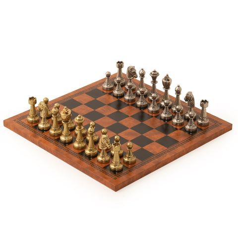 Metal Chess Pieces Set with Brown & Black Leatherette Chessboard