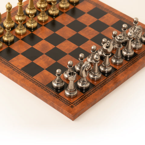 Metal Chess Pieces Set with Brown & Black Leatherette Chessboard